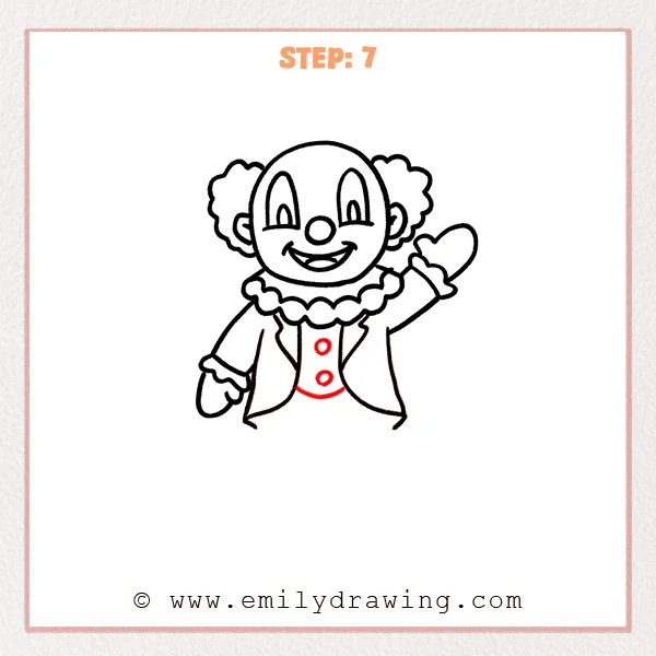 how to draw a cartoon clown - The cartoon clown now has a simple vest panel inside the open jacket, with two round buttons and a curved hem line added.